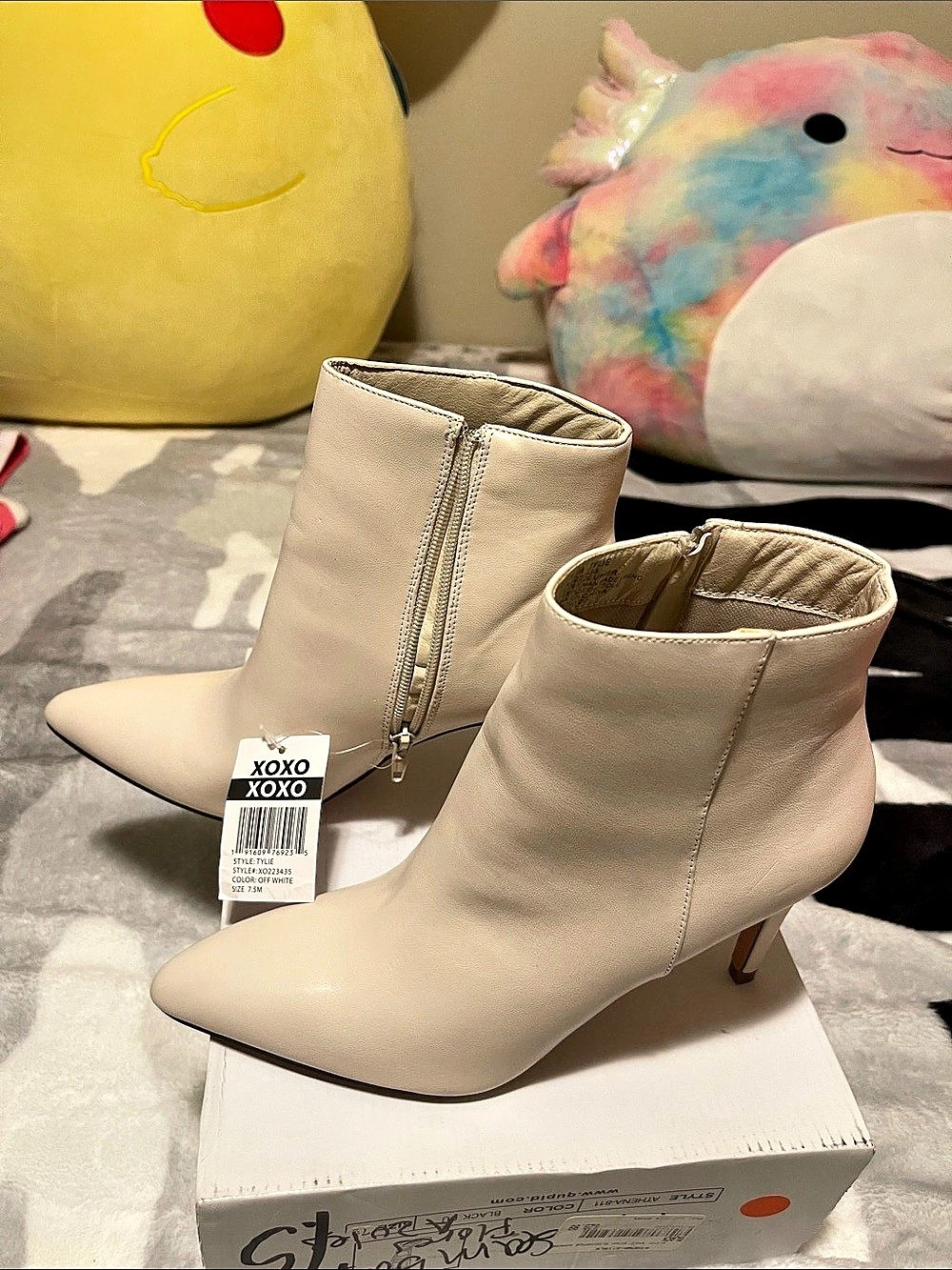 XOXO Tylie Pointed Toe Heeled Ankle Boots Beige